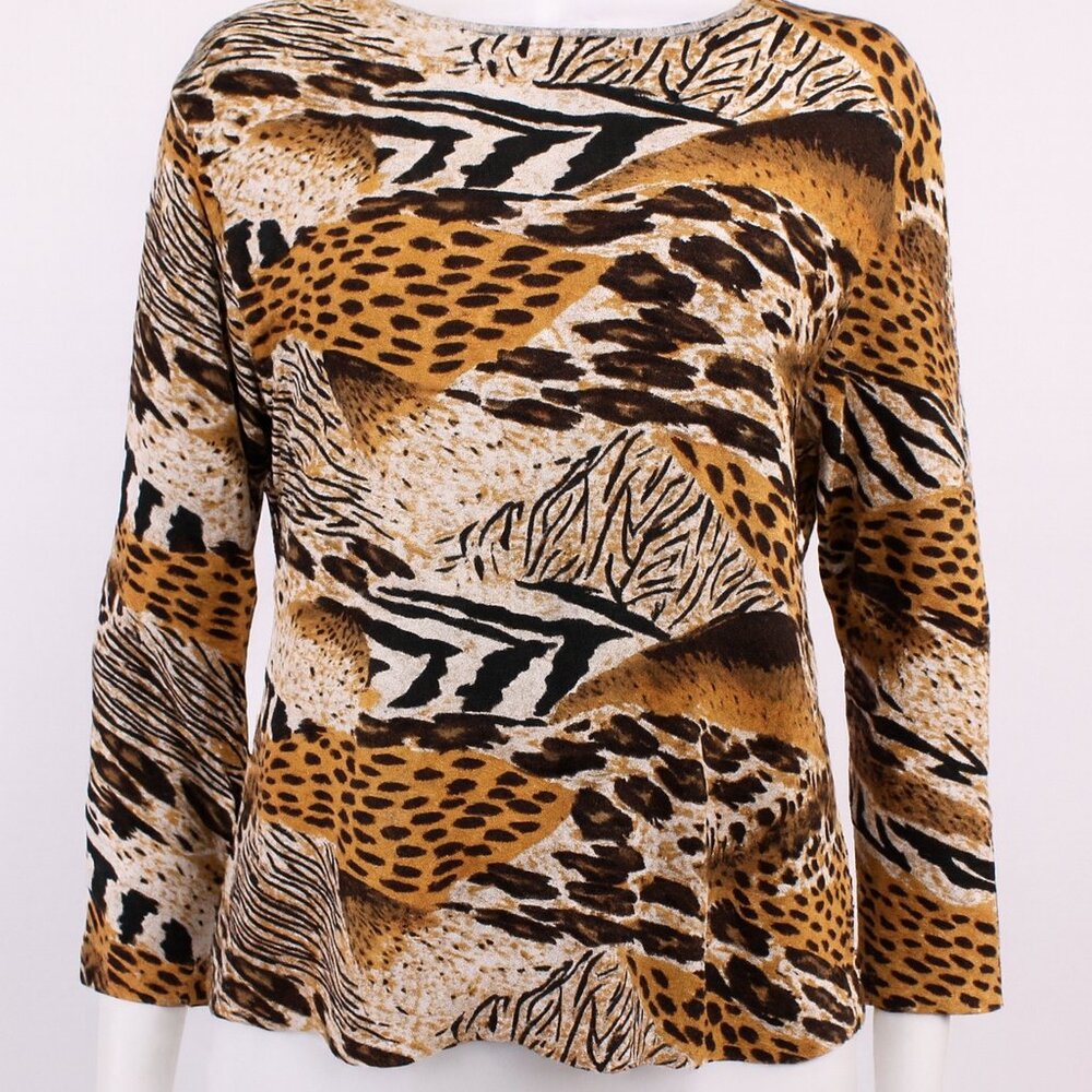 Vintage Jane Ashley Size Small 3/4th length Sleeve Animal Print Top Sequin Detai